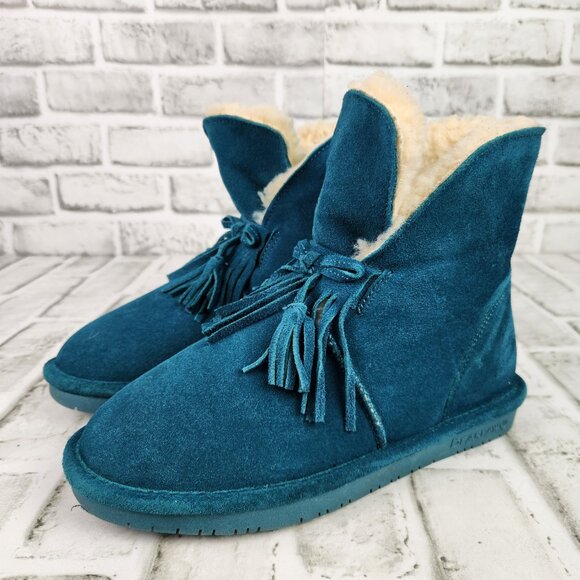 Bearpaw Christie Women's Sz 7 Teal Blue Suede Wool Sheepskin Footbed Ankle Boots - Picture 3 of 12